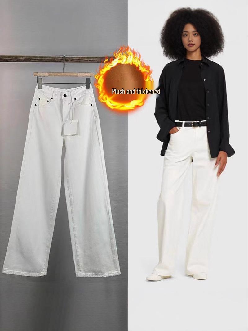 

Women s White High-Waist Fleece Straight-Leg Jeans - Winter 2025 Collection, Loose Fit, Warm, Wide-Leg, Long Pants 29 белый
