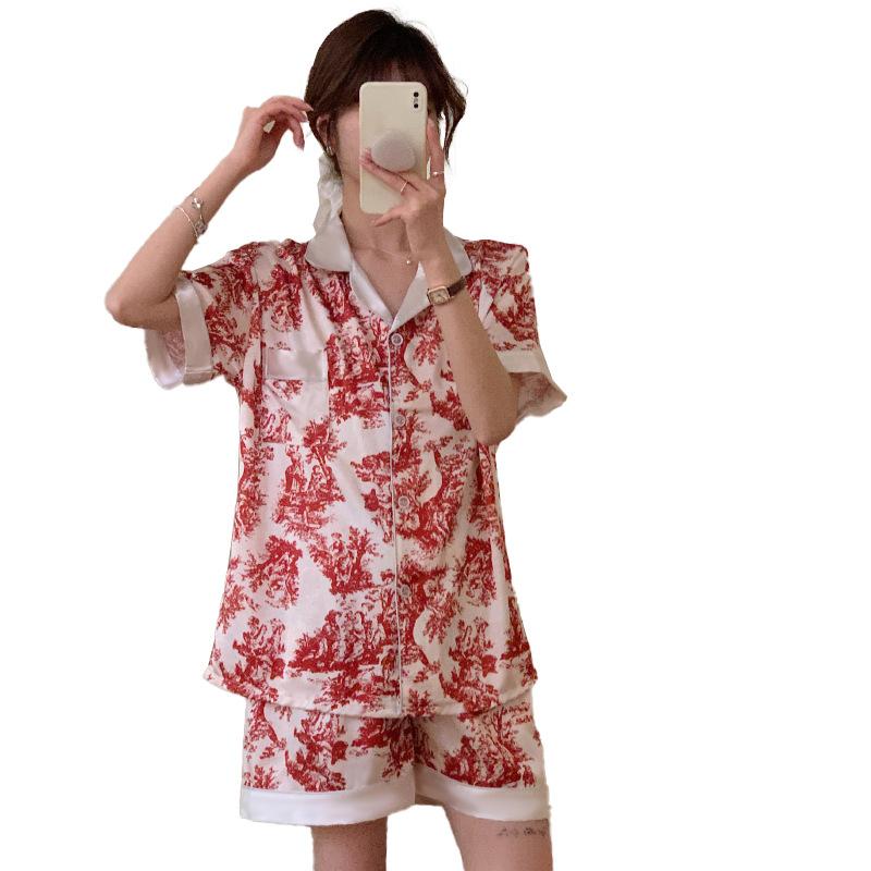 Style High-End Red Pajamas Women'S Summer Ice Silk Thin Short-Sleeved Shorts Casual Loungewear