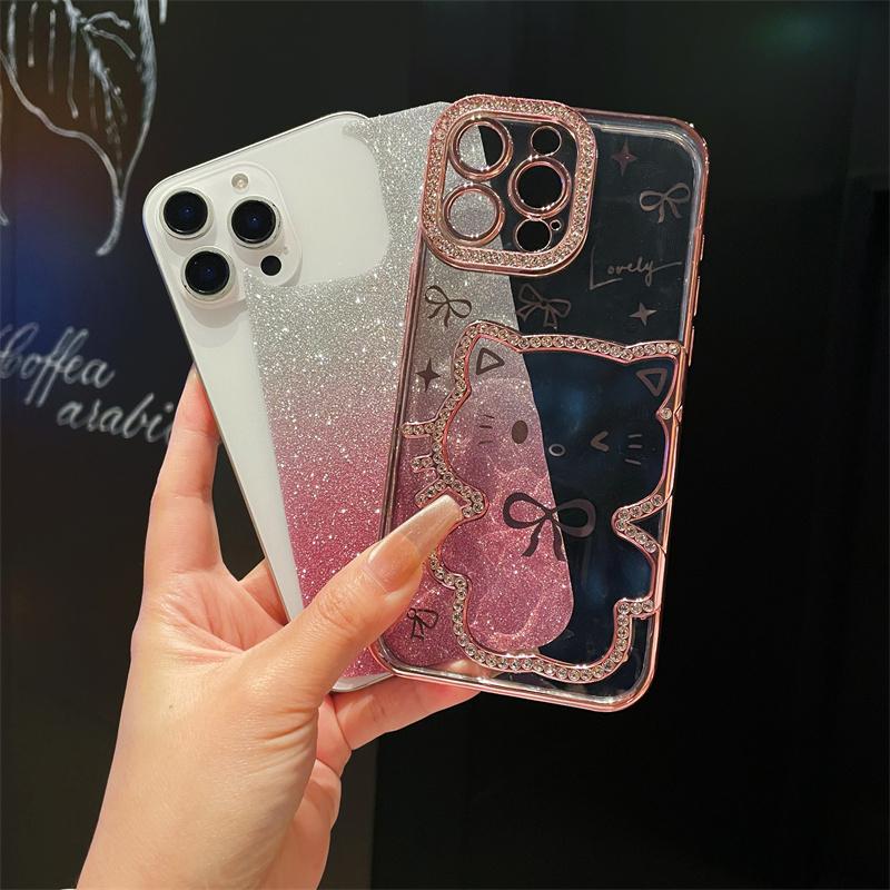 Jewelled 3D Cat Glitter Phone Case For iphone 16 15 14 Plus 13 12 11 Pro Max Electroplated Silicone Soft TPU Back Cover