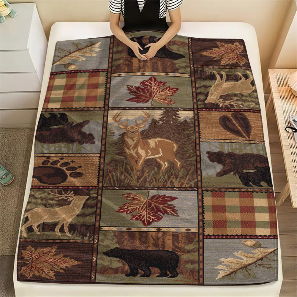 1Pc Cabin Wildlife Print Flannel Blanket, High Quality Comfortable for All Seasons, Home Decor, Warmth and Comfort, Perfect for Gifts