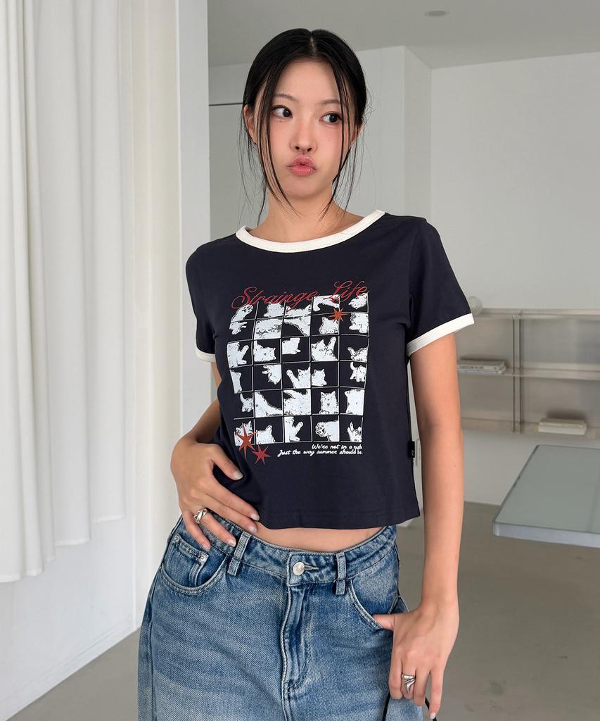 LMR Cat Foster Ringer Crop Short Sleeve T-Shirt Navy