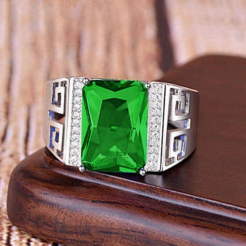 Domineering Hollow Pattern Emerald Ring Green Zirconia Asscher Rectangular