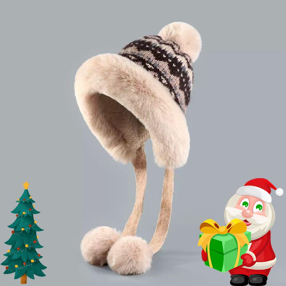 Winter Knitted Knitted Hat Warm Balaclava Hat Windproof Pompom Ear Protection Hat Fur Balls Thicken Beanie Hat Autumn and Winter