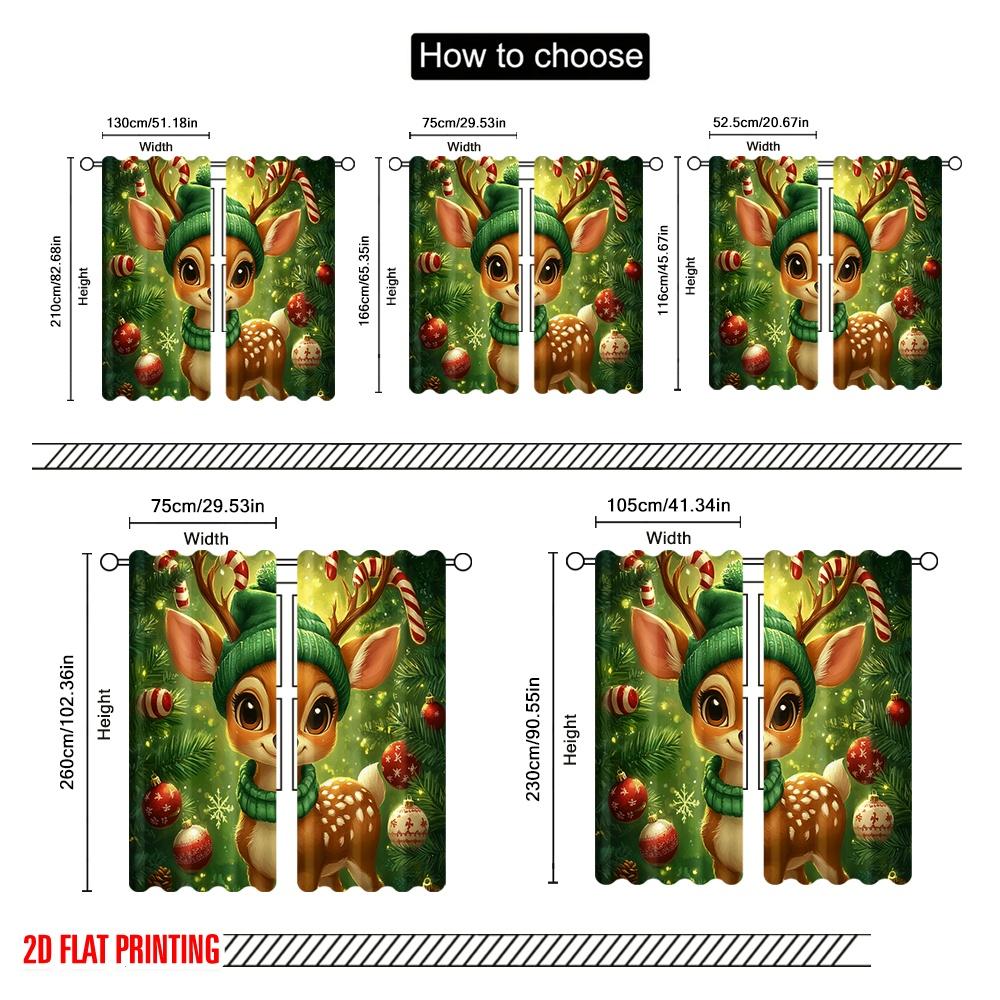 2pcs,2D plane printing Window Curtain Cute Christmas Reindeer Holiday Cheer (3) 100% Polyester (without rod) Holiday Use for
