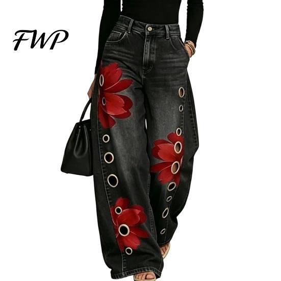 High Rise Trousers Women Waisted Wide Leg Jeans, Vintage Floral Print Faux Denim Jeans Trousers, Loose Fit Casual Pants with Pockets & Metal