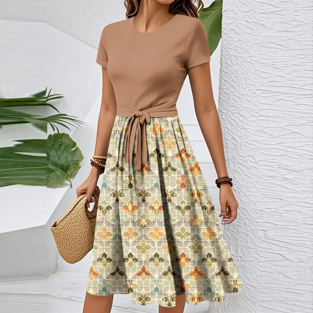 Women's Casual Fashion Belted Vintage Printed Short Sleeve Round Neck Elegant Dress
