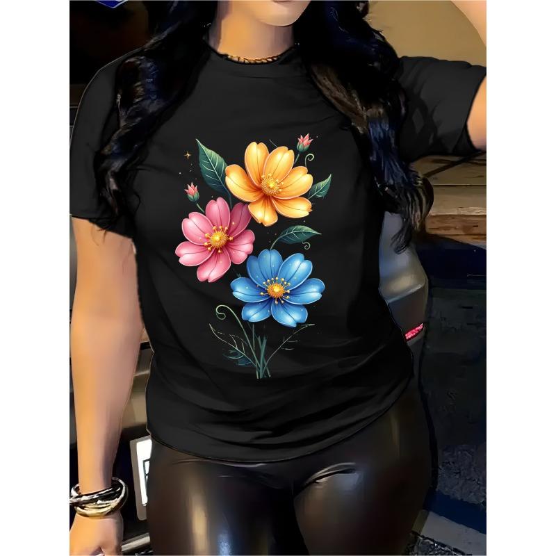 

European Size Woman S Elegant Floral Print T-Shirt | Short Sleeve, Crew Neck, Vibrant Orange, Pink, and Blue Flowers Design, Casual Summer Top 4XL