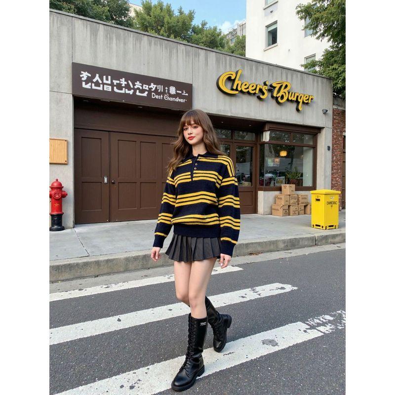 Texture College Comes with Atmosphere Stripes Polo Shirt American Retro Lazy Contrast Color Loose Pullover Knitwear
