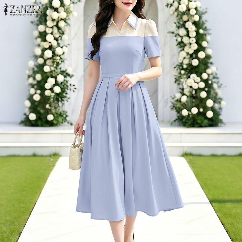 ZANZEA Women Patchwork Casual Turn Down Collar Elegant Short Sleeve Dress