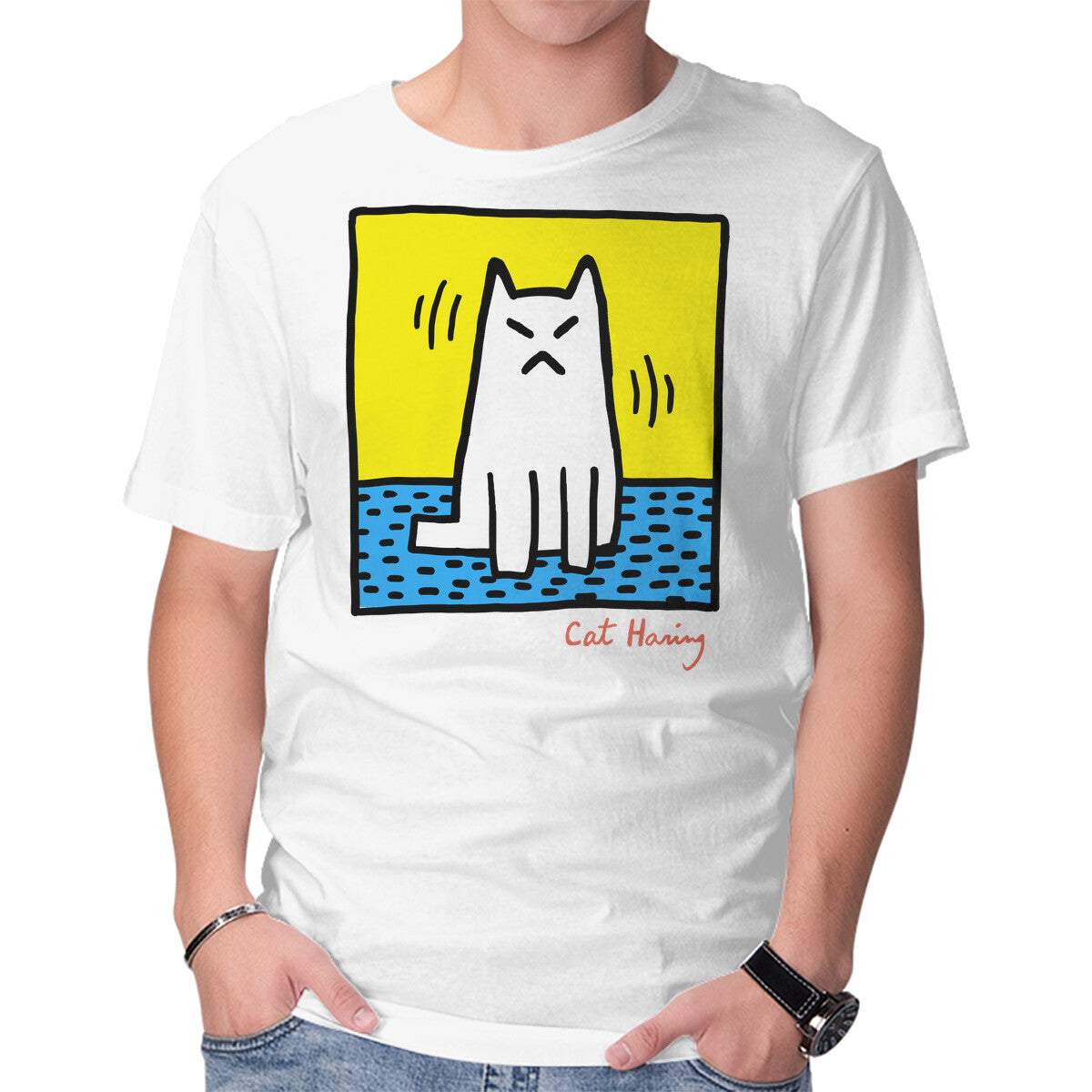 Unisex Crew Neck T-Shirt Cat Haring Graphic Short Sleeve Casual Tee XXXXL