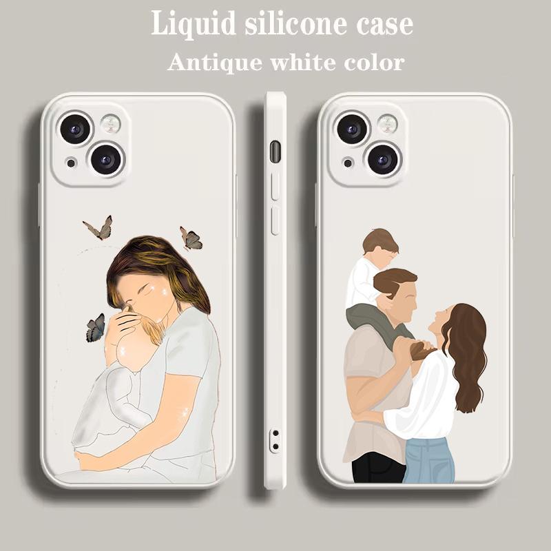 Luxus Farb-Handyhülle Für iPhone 15 14 13 12 mini 11 Pro Max XS X XR SE 7 8 Plus Silikon Beige Hülle Baby Mädchen Mutter Familie