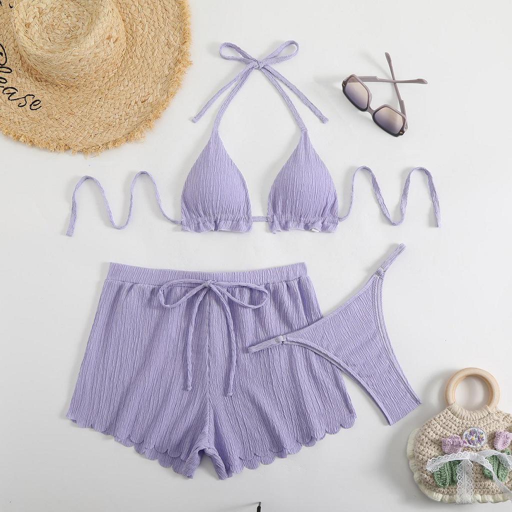 European and American Trendy Solid Color Halter Bikini Set (Three-Piece) - Sexy and Fashionable 2025