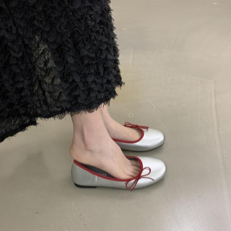 

Встреча Элегантности Французские Весенне-Осенние Вечерние Одинарные Туфли на Плоской Подошве Женские Нежные Банты Балетки Бабушкины Ледишуз Женские 40 серебряный