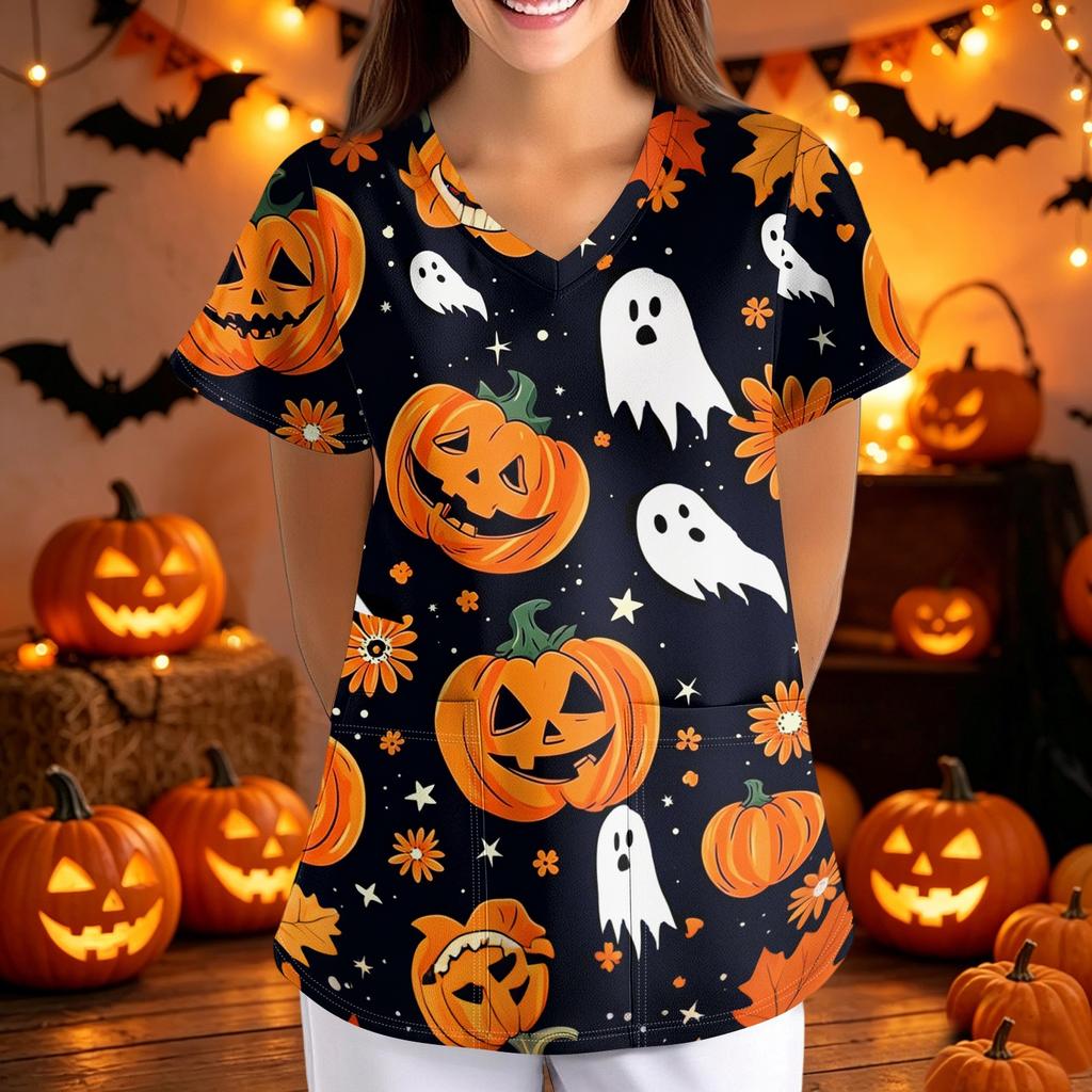 Women's Halloween Print Loose Fit V Neck Short Sleeve Medical Scrub Top Nurse Uniform Work Shirt with Pockets for Caregivers