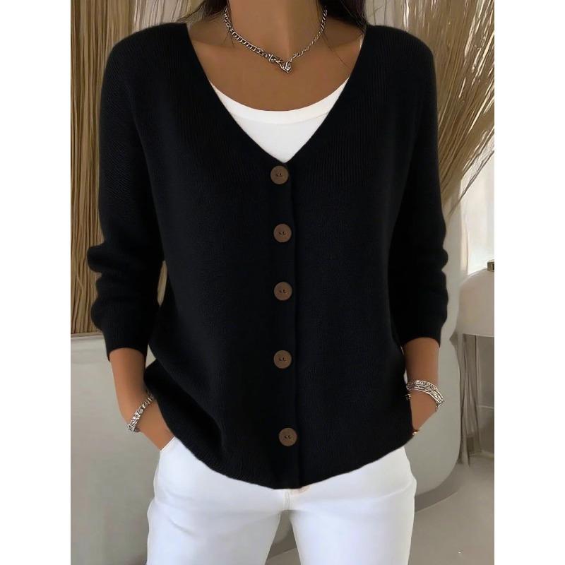 Damen einfarbiger V-Ausschnitt einreihiger Cardigan mit langen Ärmeln locker gestrickt lässiger Pullover Mantel