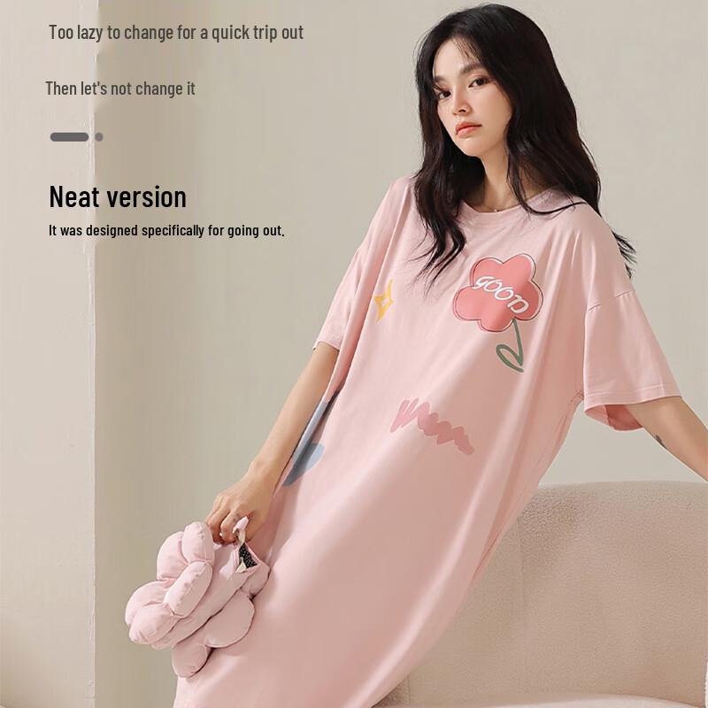 Langsha Women's Short-Sleeve Cotton Midi Sleep Dress