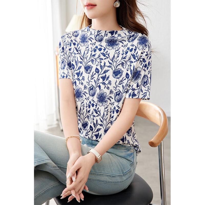 Srcr Women's 100% Mulberry Silk Double-Sided Floral Print T-Shirt