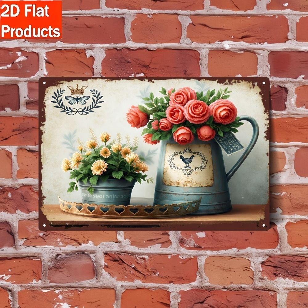 Vintage Metal Wall Poster Teal Rose Teacup 20x30cm Wall Decor