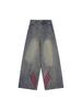Women's Red Striped Patchwork Distressed Loose-Fit Denim Pants