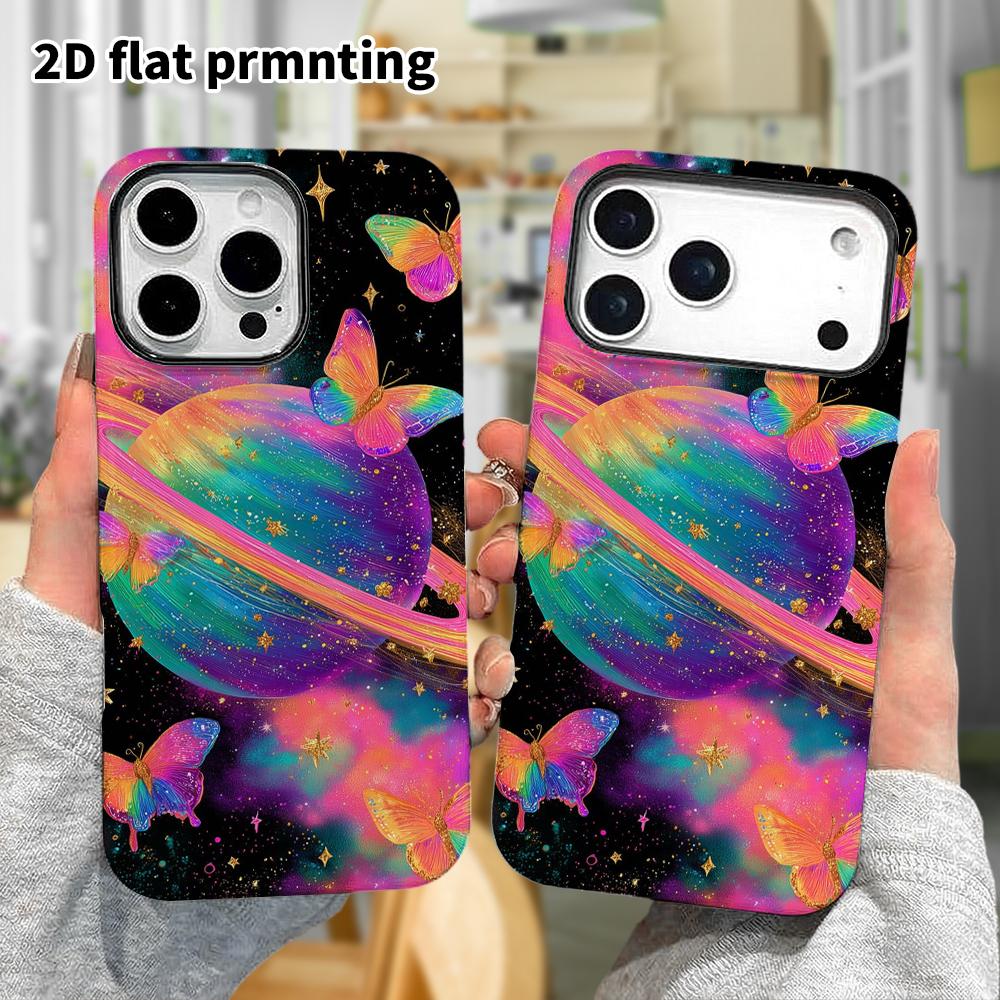 Phone Case: 2D Flat Design Suitable for iPhone 18, 17, 16, 15, 14, 13 Pro Film Protective Case, Couple Style, Rainbow Saturn, Christmas and Halloween 