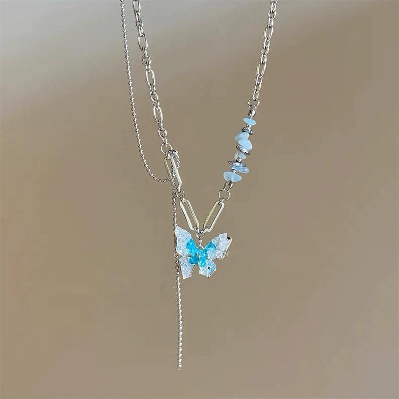 Cute Sweet Charm Crystal Heart Butterfly Pendant Chains Necklace For Women Girl Aesthetic Trendy Summer Y2K Accessories Jewelry