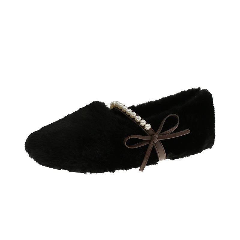 Pearl Velvet Flat-bottomed Beanie Shoes Women's Winter Warm Lazy Bow Fluffy Shoes Women