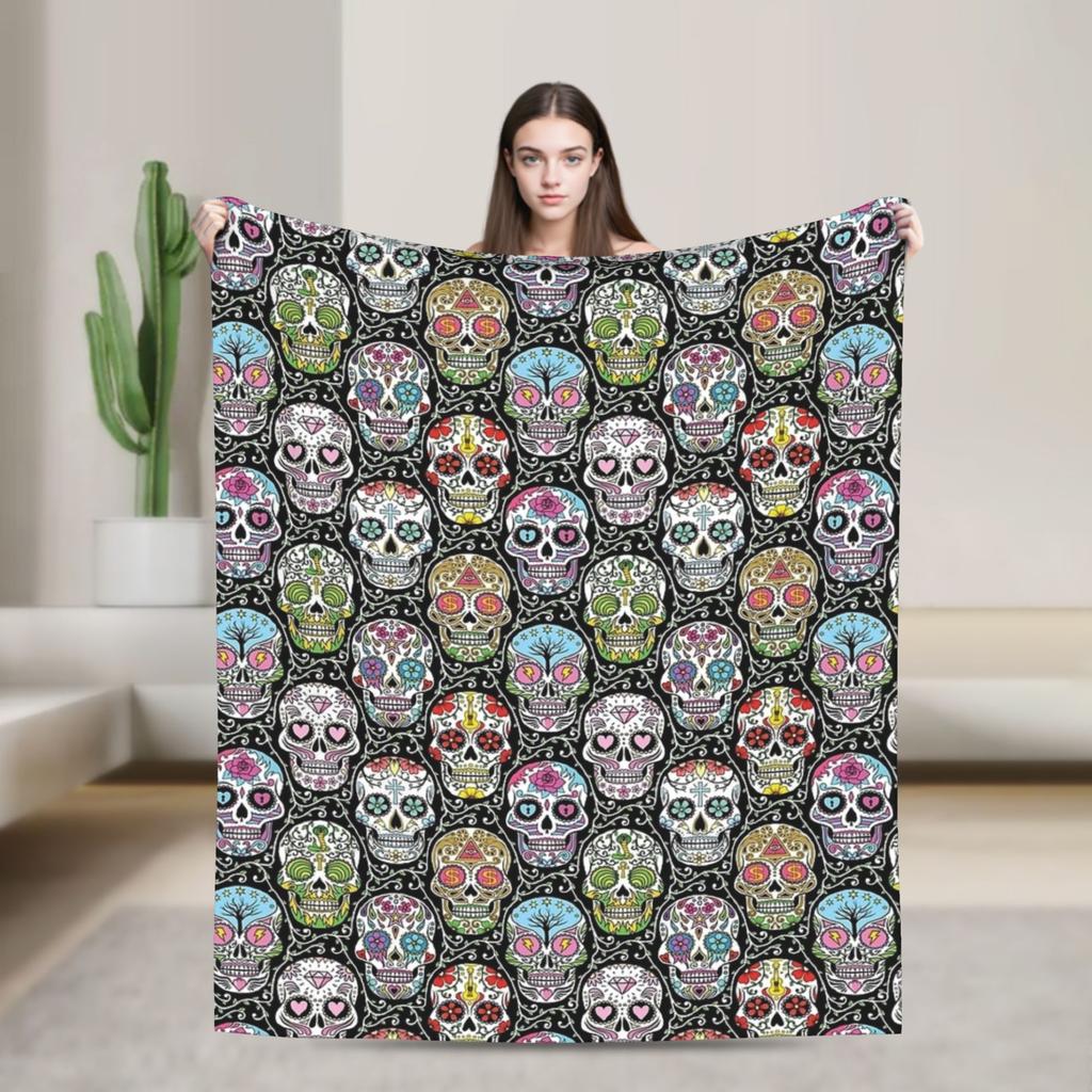 Sugar Skull Rose Halloween Knitted Blanket Flannel Gothic Day of the Dead Warm Throw Blankets for Bed Bedspread
