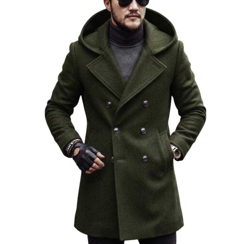 Mens Mid-length Wool Blend Coat Hooded Double Breasted European Fit Solid Color Fall Winter 2026