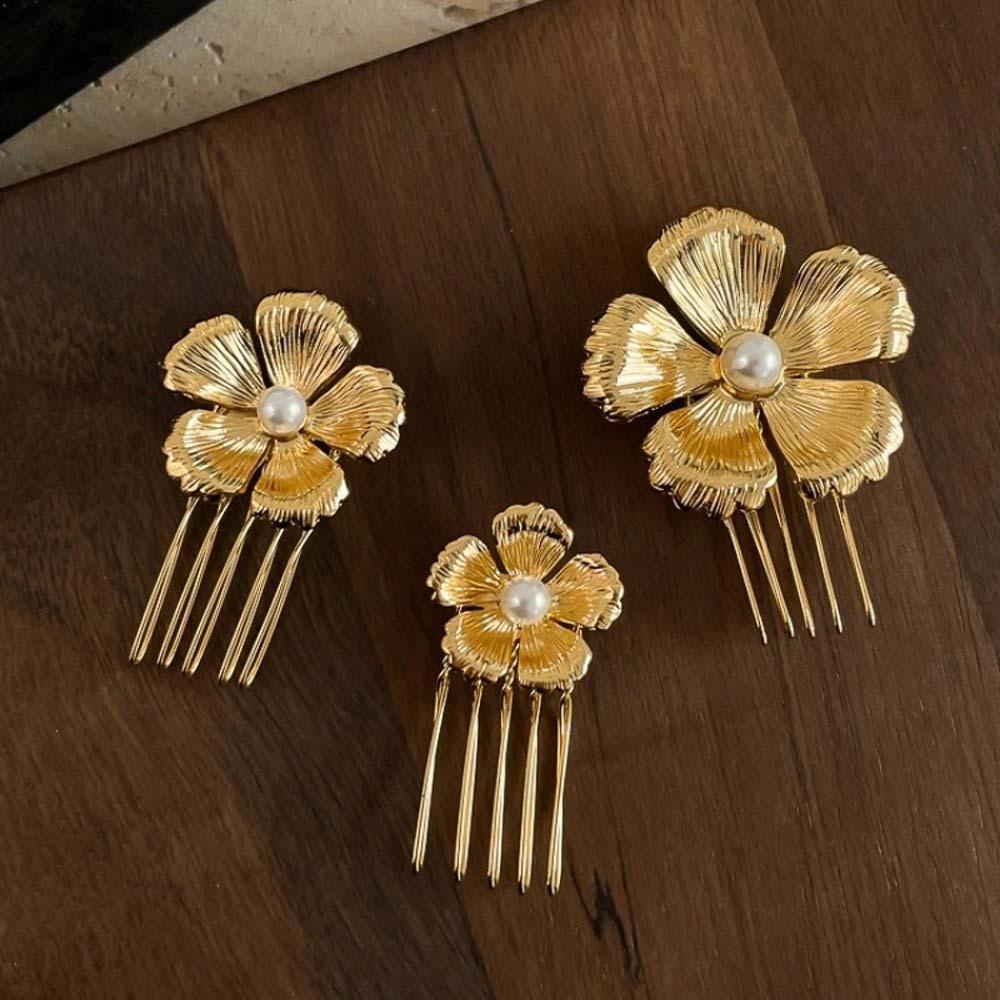 5pcs Retro Golden Flower Hair Forks Hairstyle Tools Wave Zinc Zinc Alloy Barrettes Pearl Side Clips  Banquet