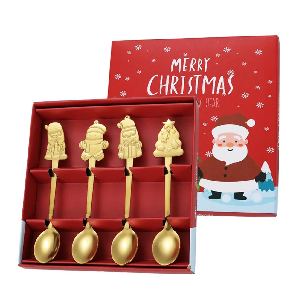 4/1PCS Christmas Dinnerware Stainless Steel Coffee Spoon Dessert Fruit Fork Cartoon Santa Claus Spoon Fork Xmas Table Supplies