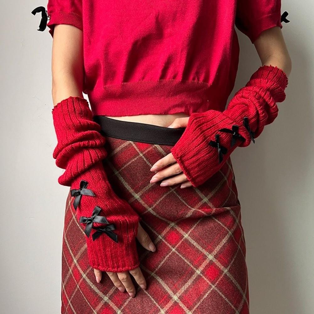 Slouchy Y2K Fingerless Gloves Long Wrist Cuffs Sweet Bow Knitted Arm Warmers Girls