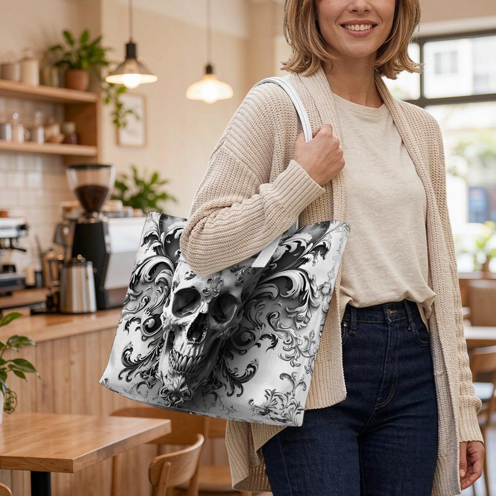 Gothic Skull Pattern Tote Bag Fashionable Shoulder Bag for Daily Use Stylish Carryall Handbag
