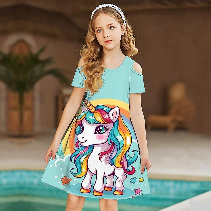 Girls Floral A Horned Horse Print Dresses Kids Girl Party Off Shoulder Dress Princess Dress Short Sleeved Dress Over Four Years Old