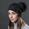 Owl Rhinestones Hats For Women Winter Warm Plus Velvet Fashion Caps With Natural Fur Pompoms Female Skullies Beanies