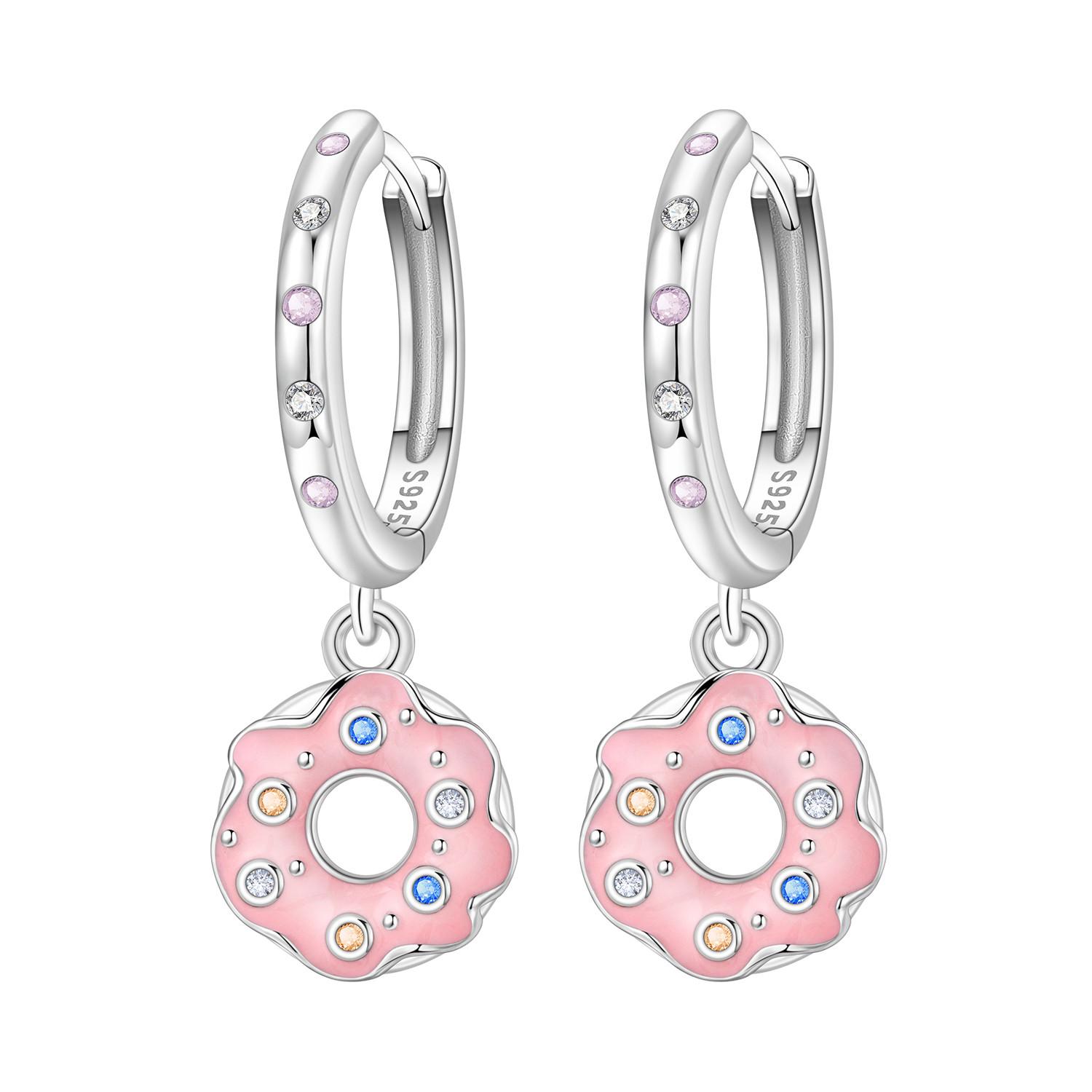 

925 Silver Pink Donut Food Drop Earrings Women Earrings Charm Trendy Party Jewelry Wedding Anniversary Gifts