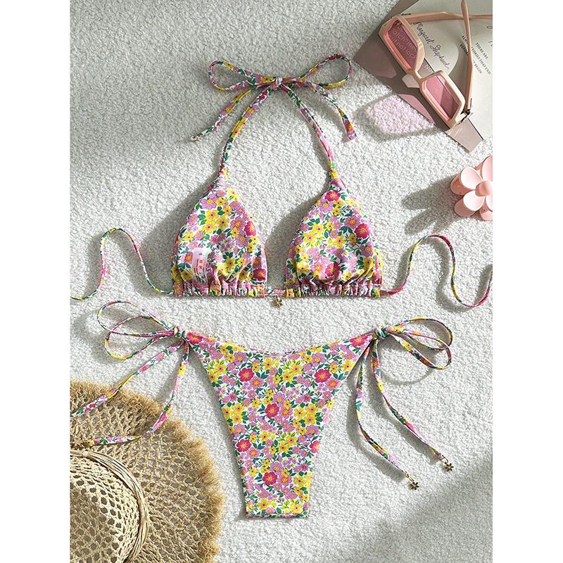 Sexy dámské dvoudílné plavky s květinovým potiskem, trojúhelníková podprsenka, push-up bikiny set, šněrovací, na ramínka, bez zad, plavky na plážovou dovolenou