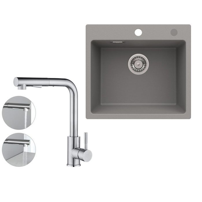 50x45cm Évier de Cuisine en granit A poser Gris+mitigeur pliant Brossé