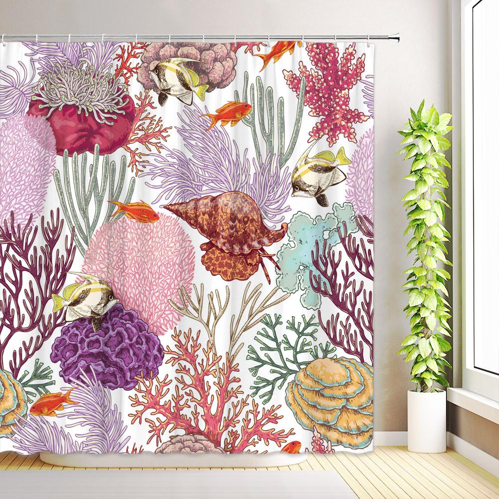 Nautical Coastal Shower Curtain Ocean Beach Seashell Starfish Coral Seahorse Octopus Underwater World Bathroom Decor with Hooks