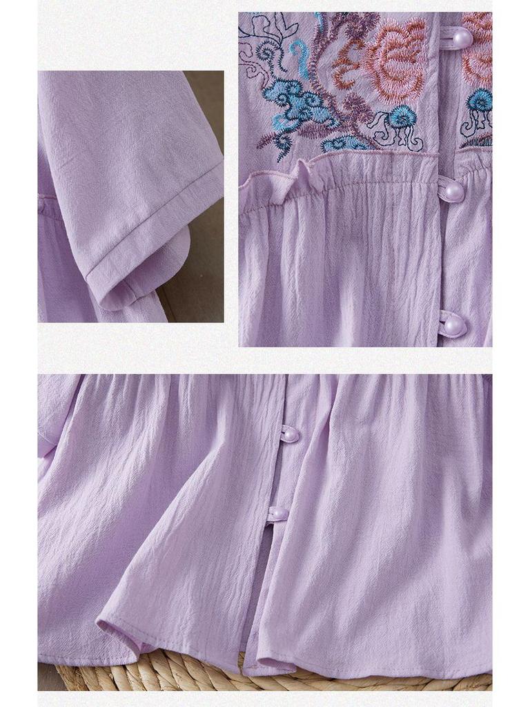 2026 Retro Embroidered Cotton Linen Shirt - Loose Fit with Frog Buttons