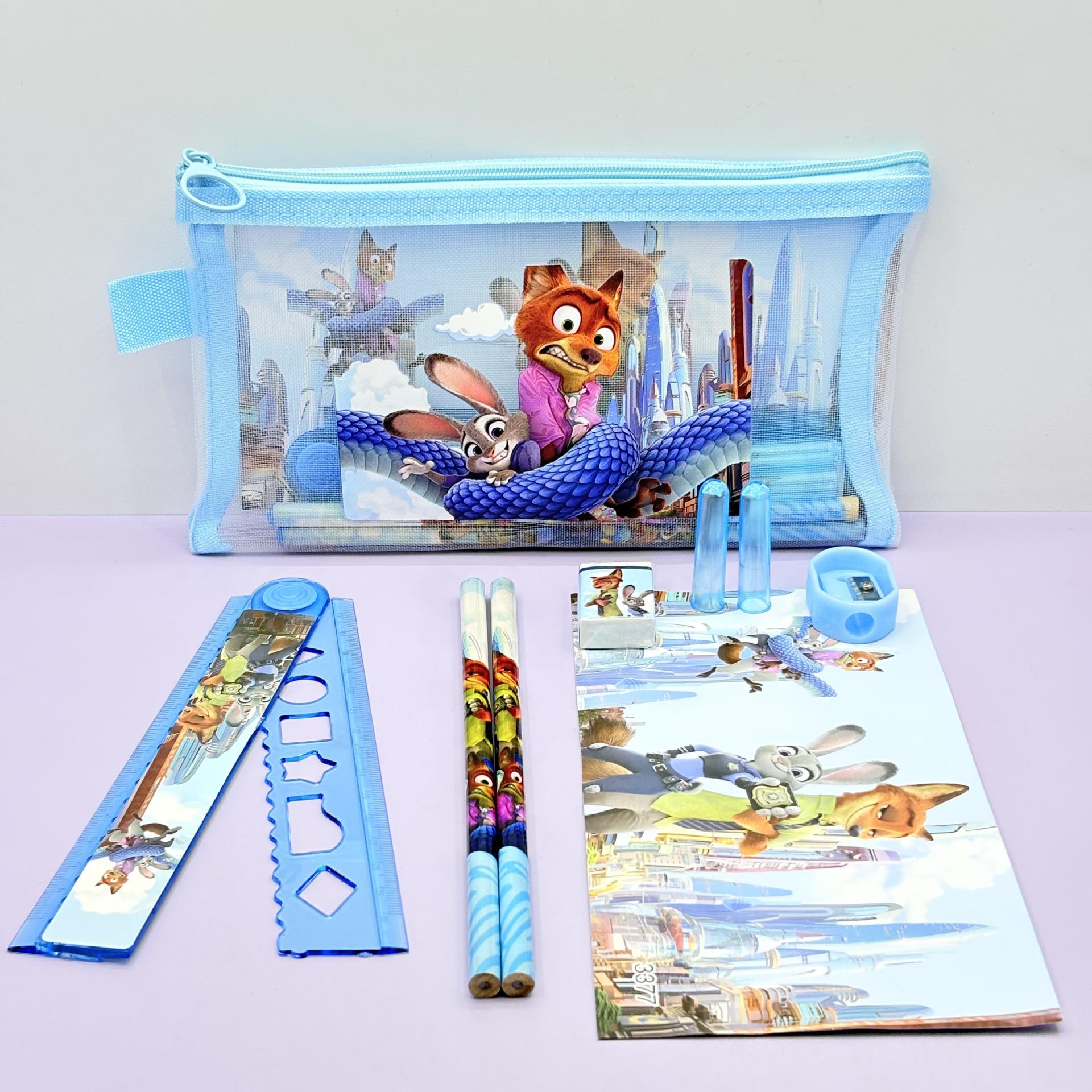 Creative Cartoon A6 Student Stationery Set: Includes Cute Mesh Pencil Case, Wooden Pencil, Eraser, Folding Ruler, Perfect Small Gift.