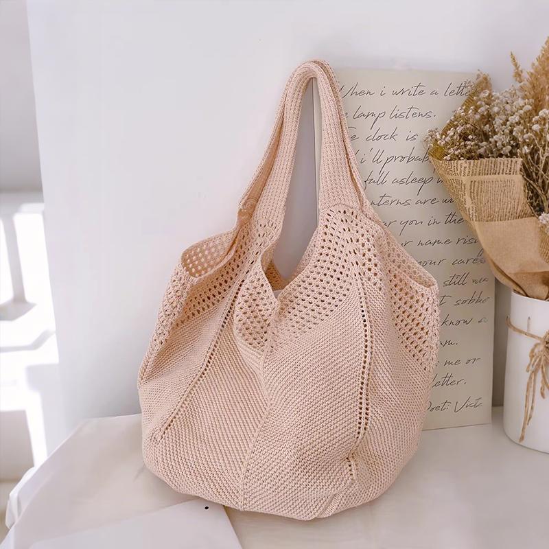 Yogodlns Casual Hollow Women Shoulder Bag Solid Color Large Capacity Summer Woven Beach Bag Foldable Handmade Crochet Tote Bag