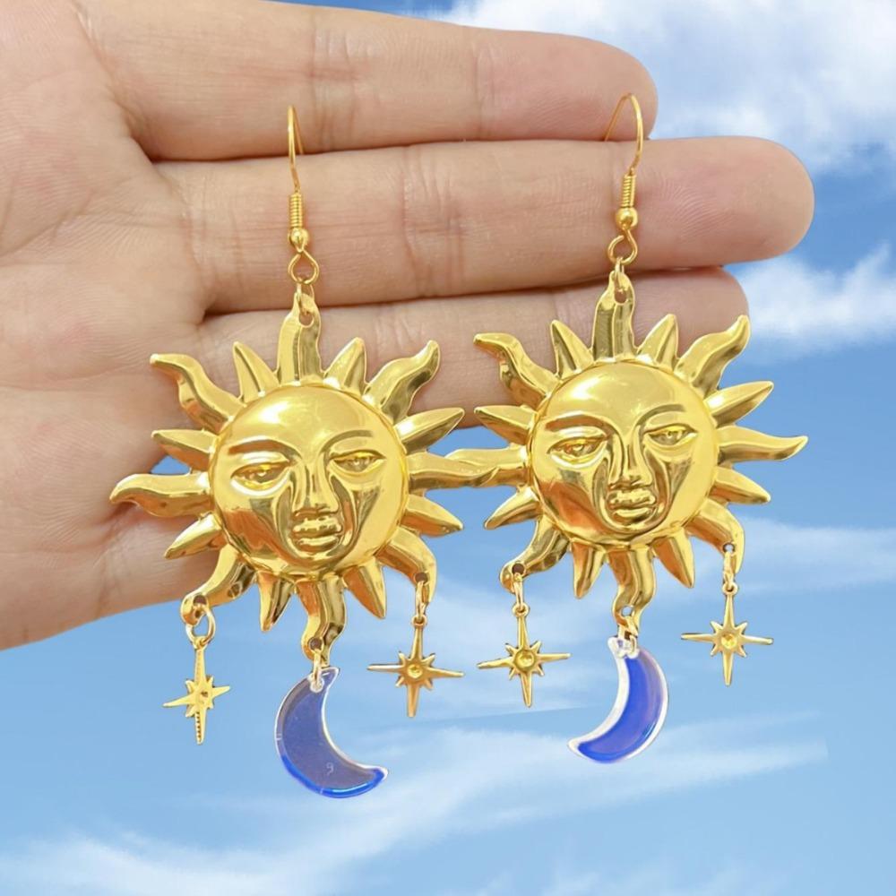 Creative Exaggerated Purple Crystal Relief Human Face Sun Moon Star Dangle Earrings for Woman Bohemia Artistic Jewelry Accessory