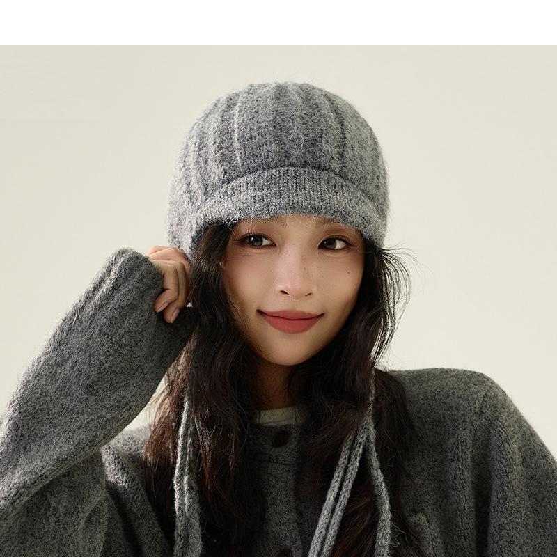 

Вязаная шапка Женская шапка из шерсти с козырьком и ушками Толстая шапка-ушанка серый
