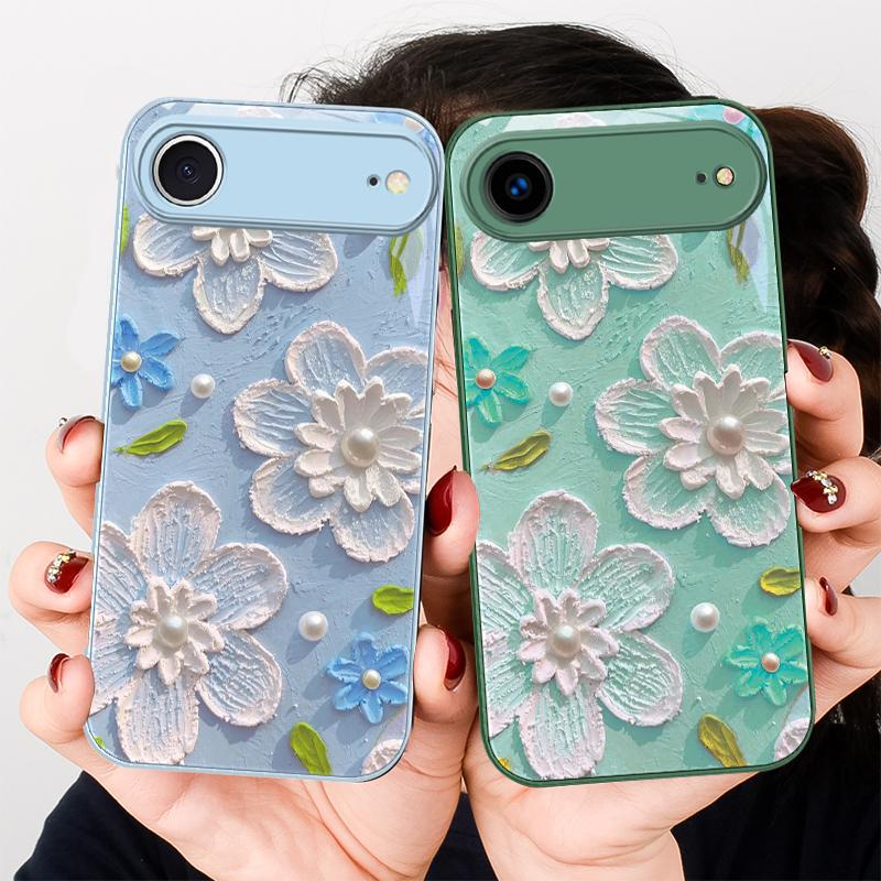 Kremas ryžiai balti žiedlapiai Skirta iPhone 17 Air 16 E 15 14 13 Plus 12 mini 17 Pro Max 11Pro XR Xs 16E 7 8 11 Grūdintas stiklas telefono dėklas