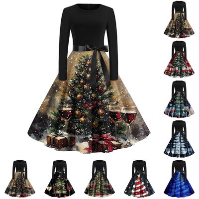 Women's Fashion Vintage Long Sleeve Round Neck Christmas Printed Party Gown Dress