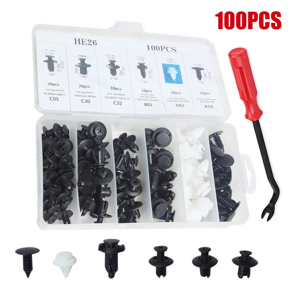 100 Pcs Car Retainer Clips Body Plastic Rivets Fasteners Push Bumper Door Trim Panel Screws with Removal Tool