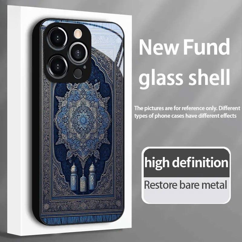 Blue carpet patterned glass phone case suitable for iPhone 17 16 15 14 13 12 11 Pro/Max/Plus shockproof back cover
