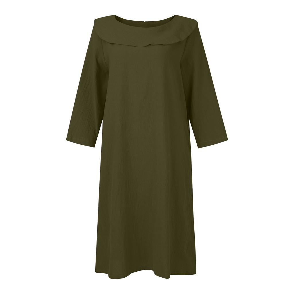 Women's Cotton And Linen Temperament Commuting Long Spliced Round Neck Casual Solid Color Dress