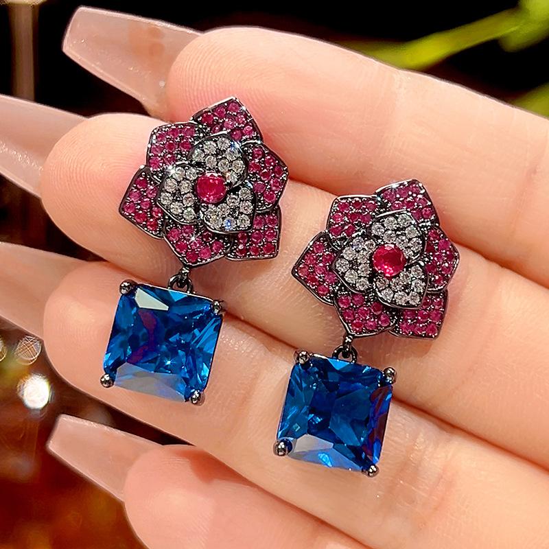 Autumn And Winter Jewelry Copper Bottom Gold-Plated Simulation Blue Spinel Black Gold Retro Camellia Set 10 * 10