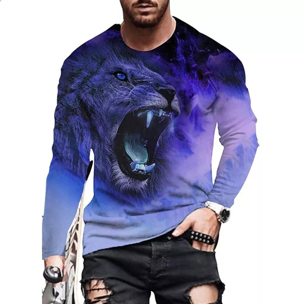 Long Sleeve Lion Abstract Pattern Mens Street T Shirt Spring Autumn 3d Animal Print Fashion T Shirt Street Loose Mens Casual Top
